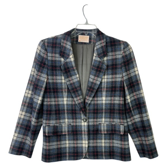 Pendleton Jackets & Blazers - VINTAGE PENDLETON GRAY BLUE PLAID WOOL BLAZER JACKET SINGLE BUTTON SZ 10